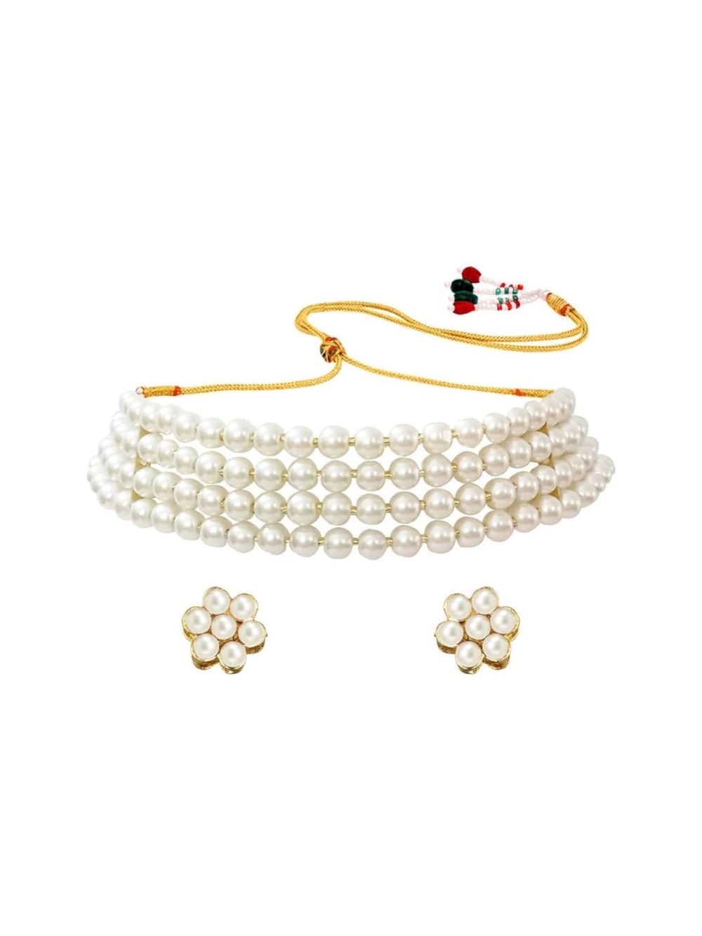 Pearl Multi-Strand Choker Necklace with Flower Pearl Studs - White